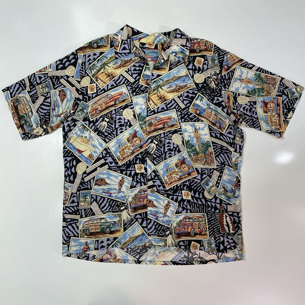 VTG Joe Kealoha Men’s Hawaiian Hula Island Postcard Print Aloha Shirt Cruise XL